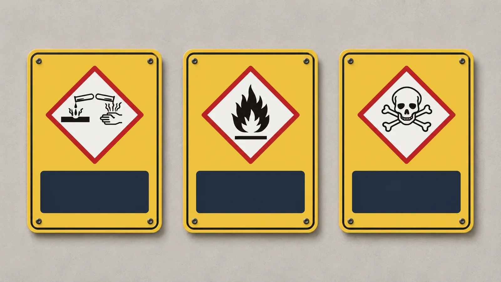 Examples of CLP hazard pictograms used as workplace storage signage.