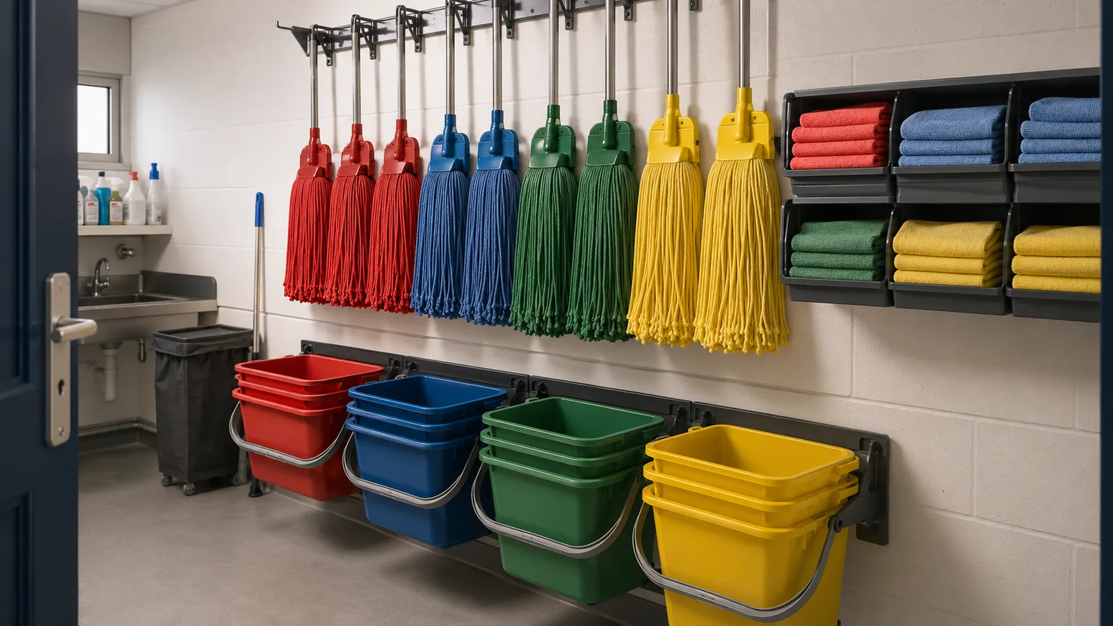 Colour-coded cleaning equipment in a UK workplace.