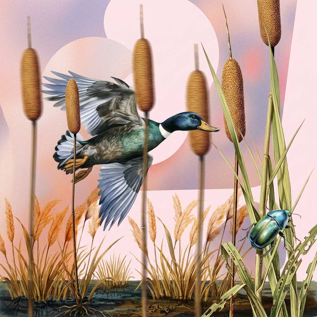 Illustration of a mallard duck flying near tall cattails and a blue-green beetle on grass.