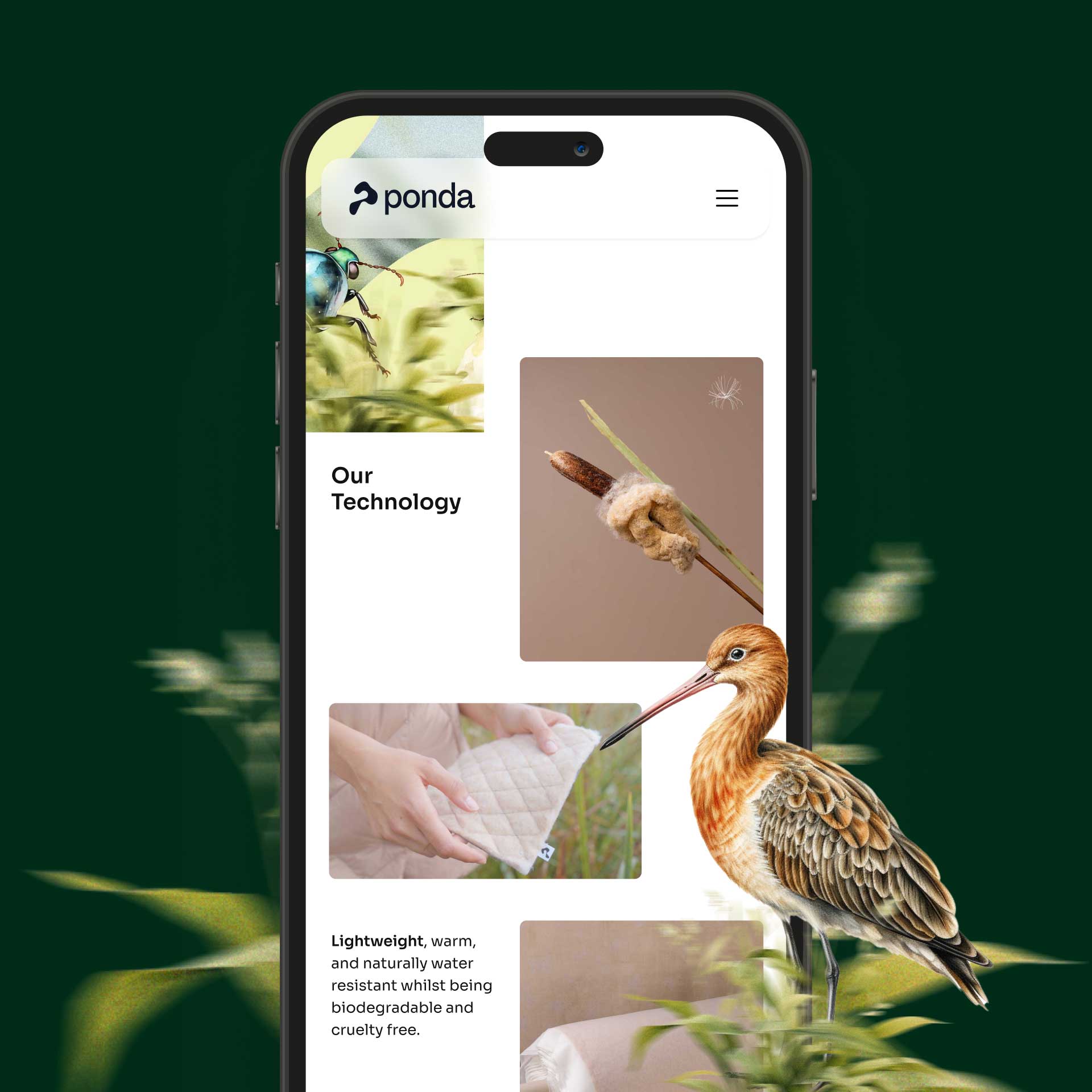 Mobile screen showing Ponda website with nature-inspired images and a bird on the screen edge.