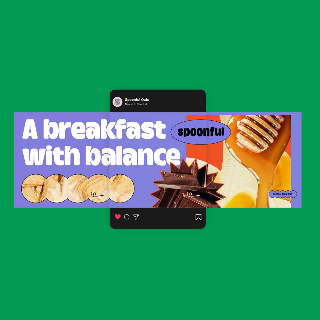 Instagram post with text A breakfast with balance spoonful and images of oats, chocolate, honey, and banana.