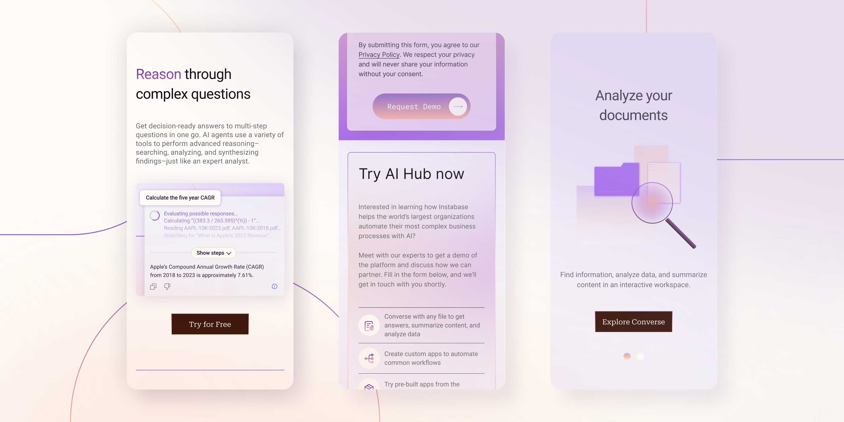 Three AI app screens showing reasoning through questions, demo request, and document analysis features.