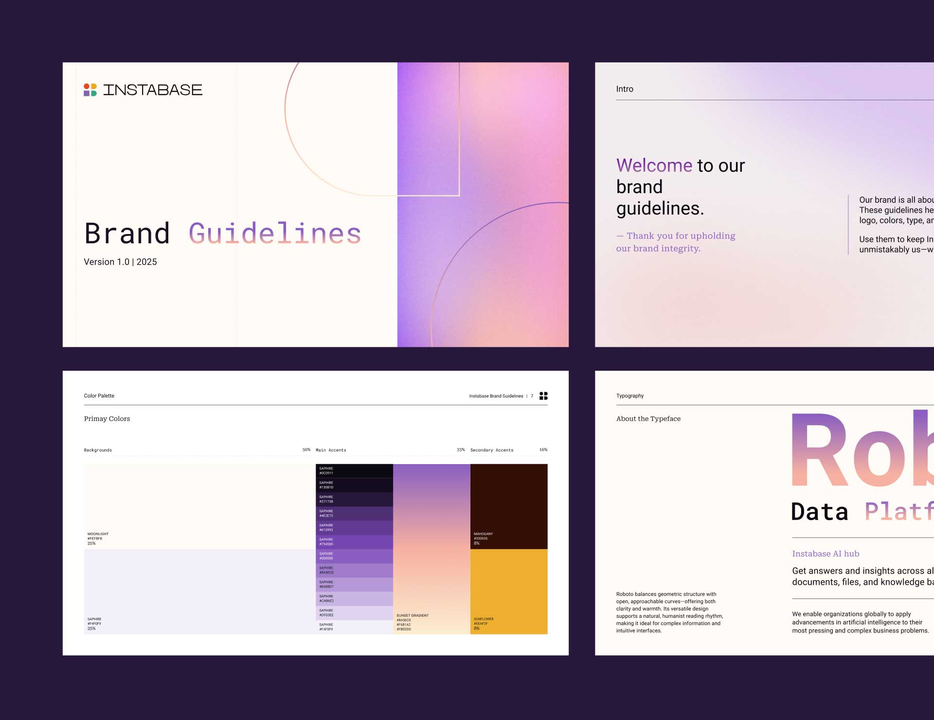 Instabase brand guidelines overview with color palette, typography details, and a welcome intro message.