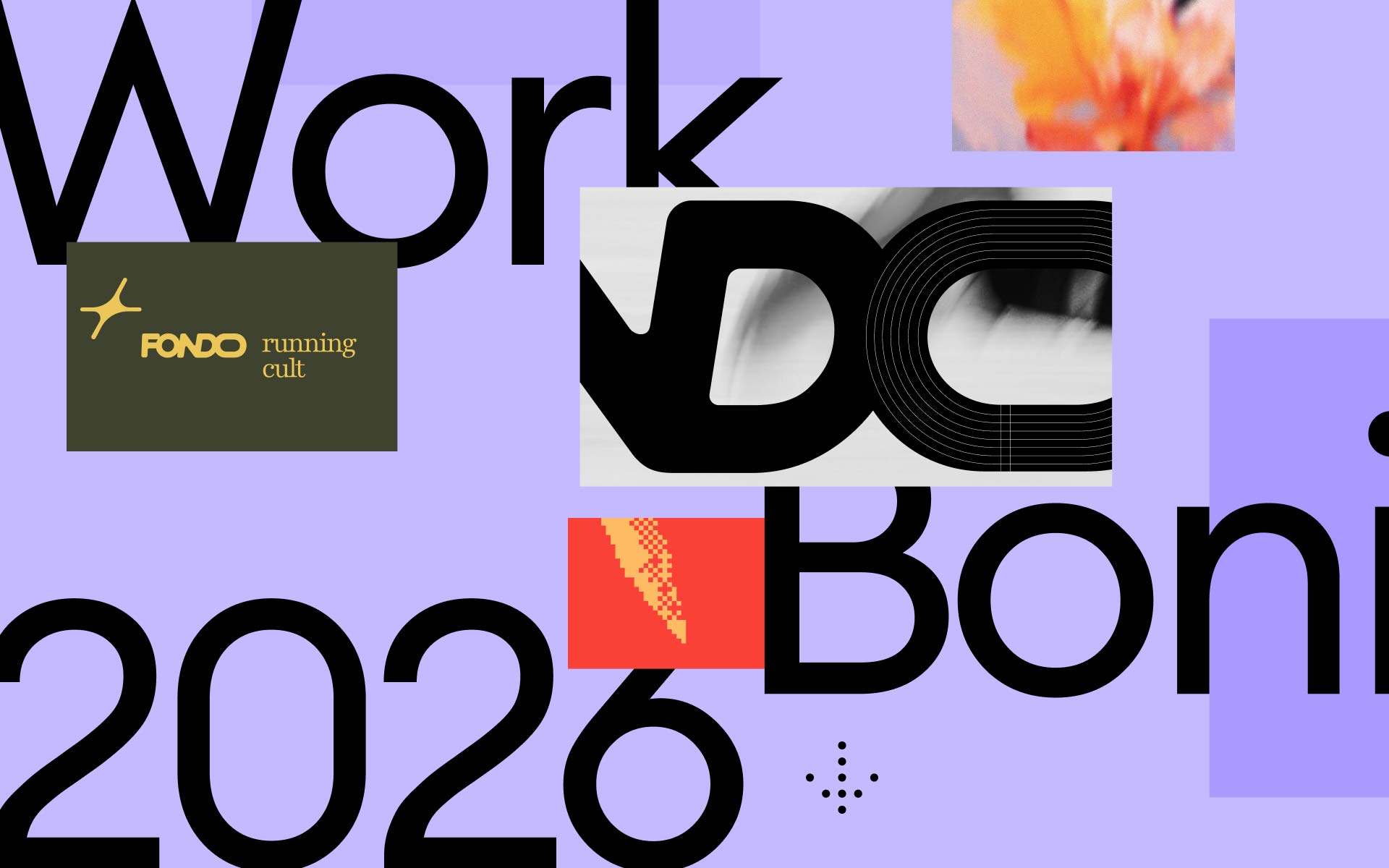 Collage with text 'Work 2026 Boni' and an abstract black shape with rings.