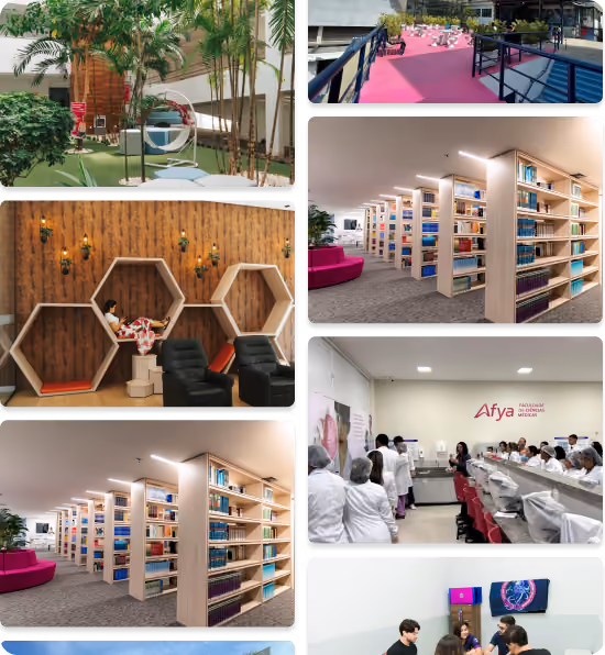 Montagem com várias fotos mostrando uma biblioteca moderna, uma área confortável de lazer, espaços para estudo e um laboratório médico com estudantes.
