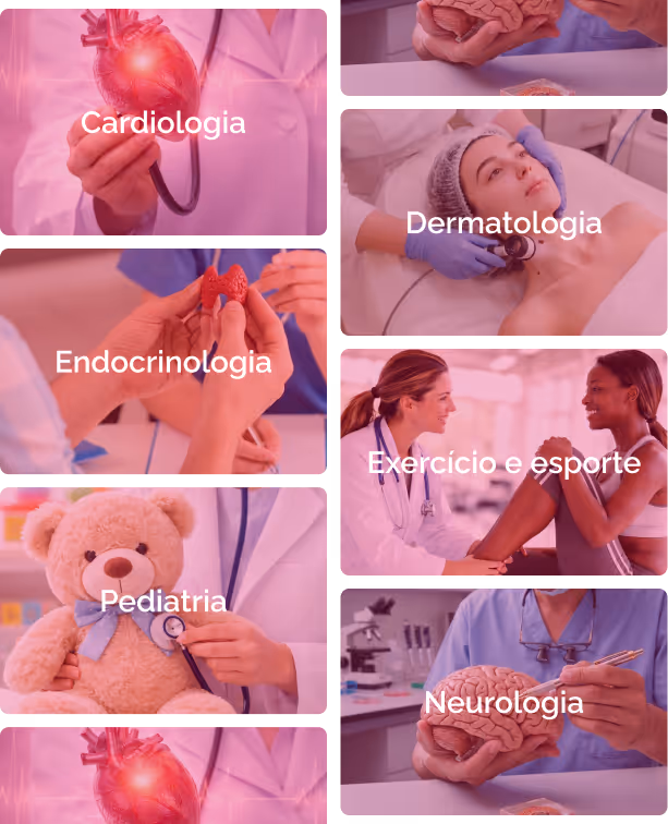 Áreas da Educação Continuada na Afya: Cardiologia, Endocrinologia, Dermatologia, Pediatria, Exercício e Esporte, Neurologia e muito mais.