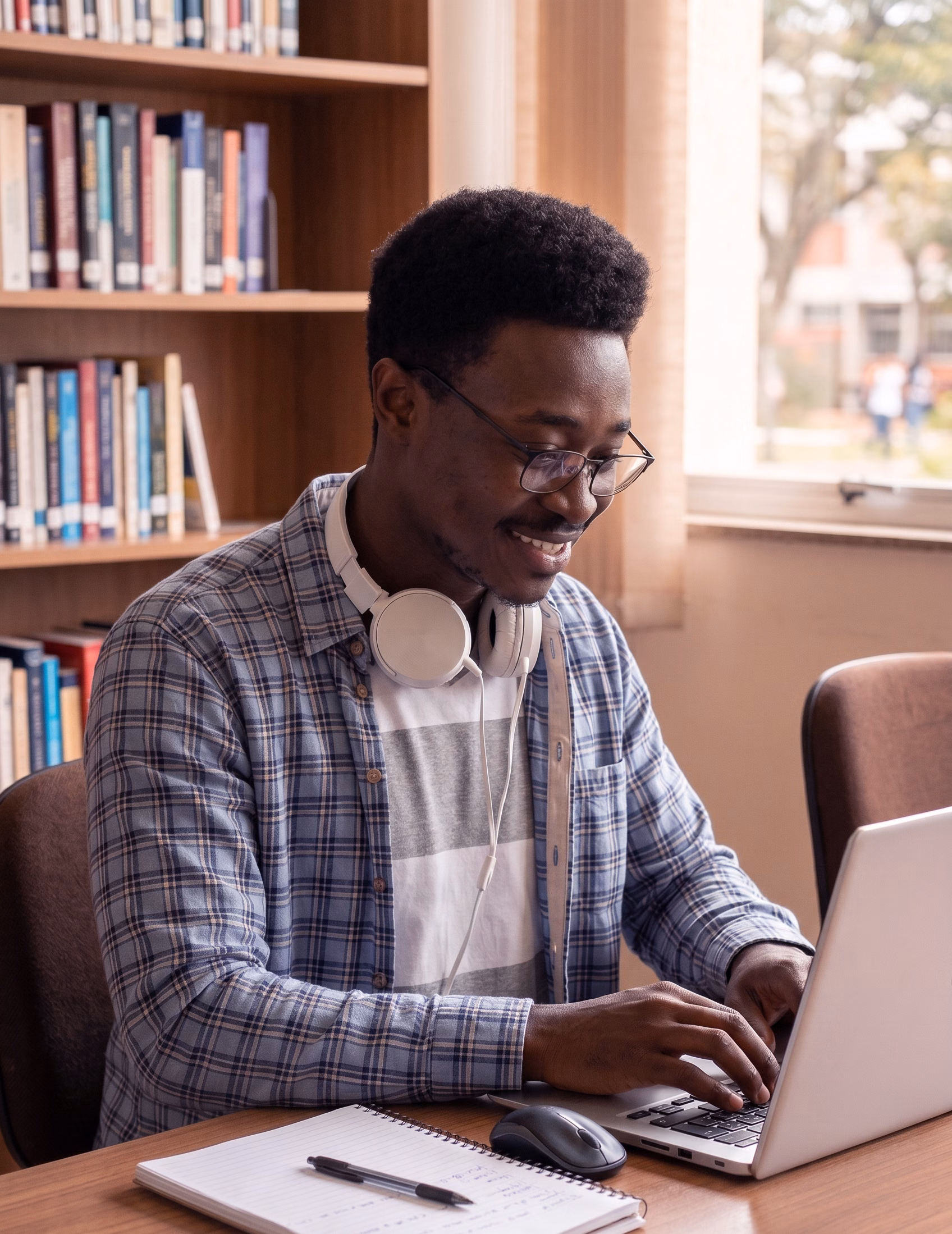 Homem sorridente usando óculos e fones de ouvido ao redor do pescoço, digitando em um laptop em uma sala com estante de livros ao fundo.