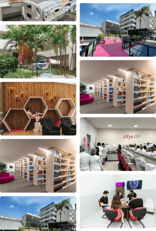 Montagem com várias imagens da estrutura física de várias unidades da Afya