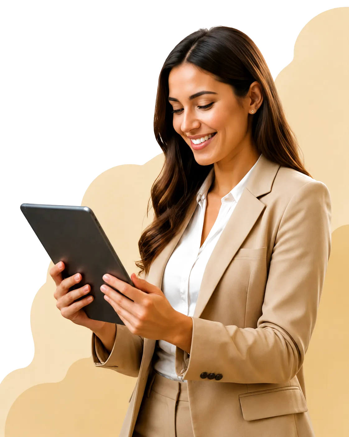 Smiling woman in a beige suit holding and looking at a tablet.