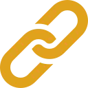 Orange chain link icon with two interconnected links on a white background.