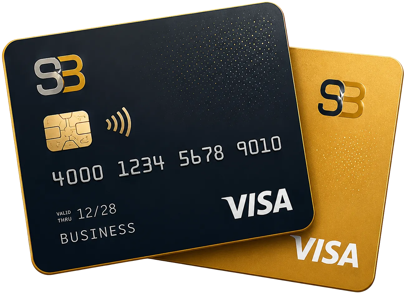 Two stacked S3 Visa business credit cards, one black with gold chip and contactless symbol, one gold, both featuring the S3 logo.