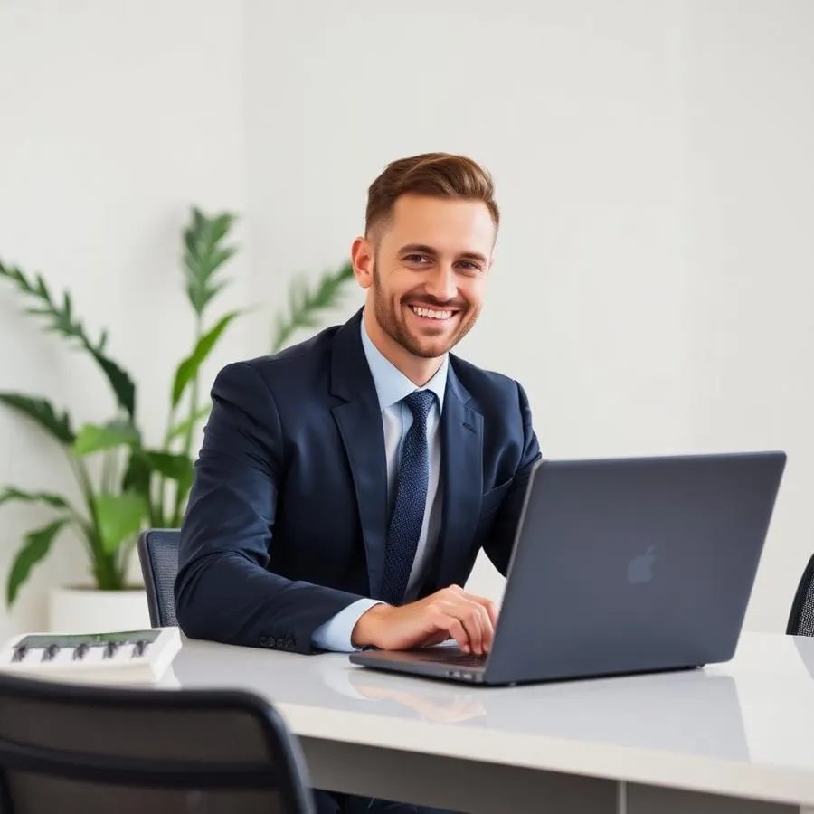 Smiling man in a dark suit sitting at a desk working on a laptop with a plant in the background.