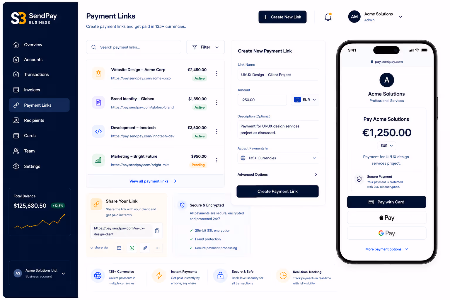 SendPay Business dashboard showing payment links list, new payment link creation form, and mobile payment interface.