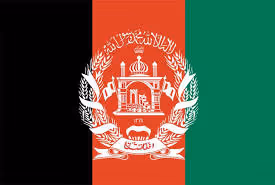 Flag of Afghanistan with vertical black, red, and green stripes and a central national emblem in white.