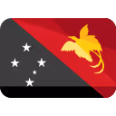 Flag of Papua New Guinea with black and red diagonal halves, white stars, and a yellow bird of paradise.