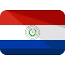 Paraguay flag with horizontal red, white, and blue stripes and a circular emblem in the center.