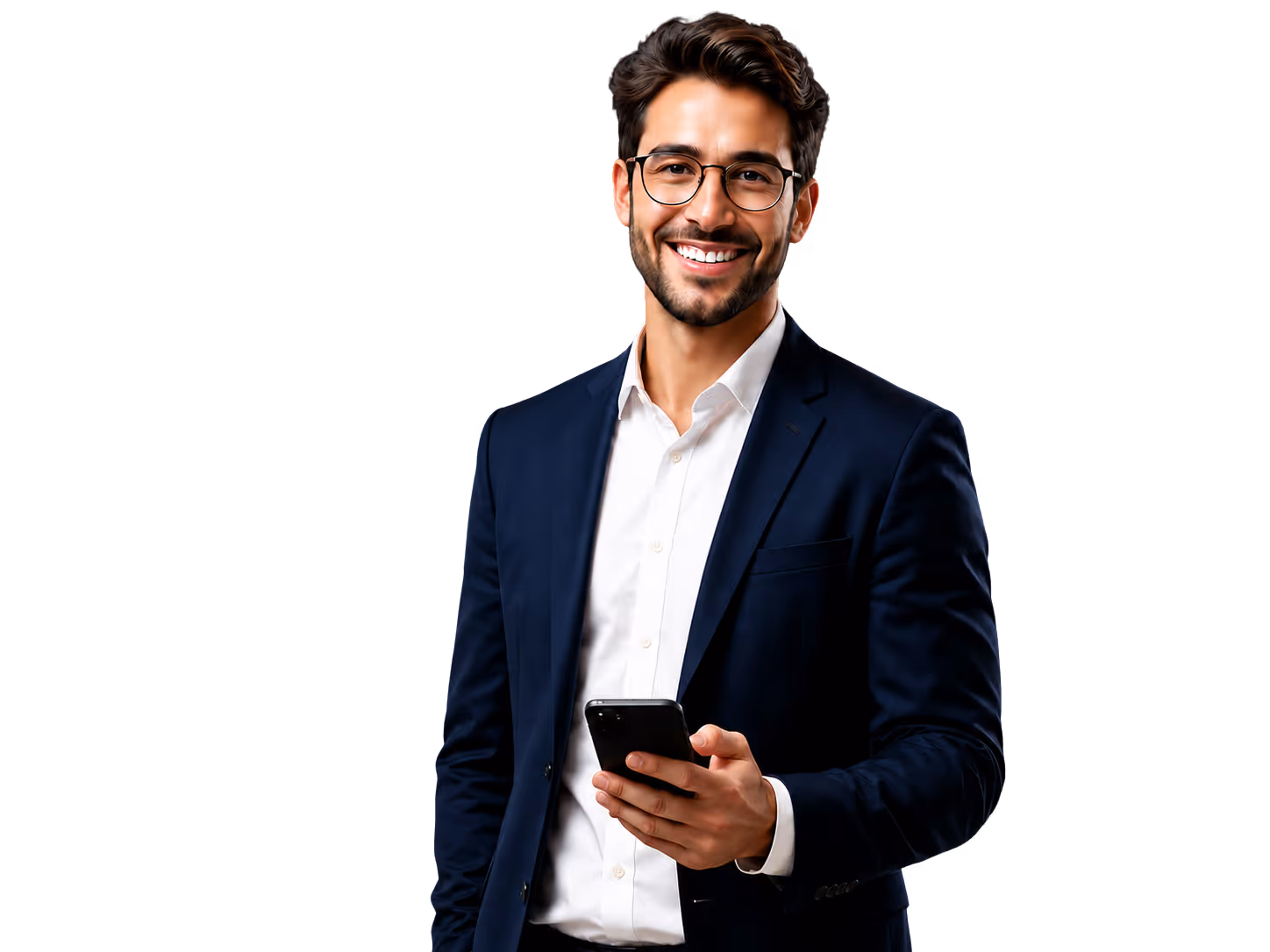 Smiling man wearing glasses and a navy blazer holding a smartphone against a black background.