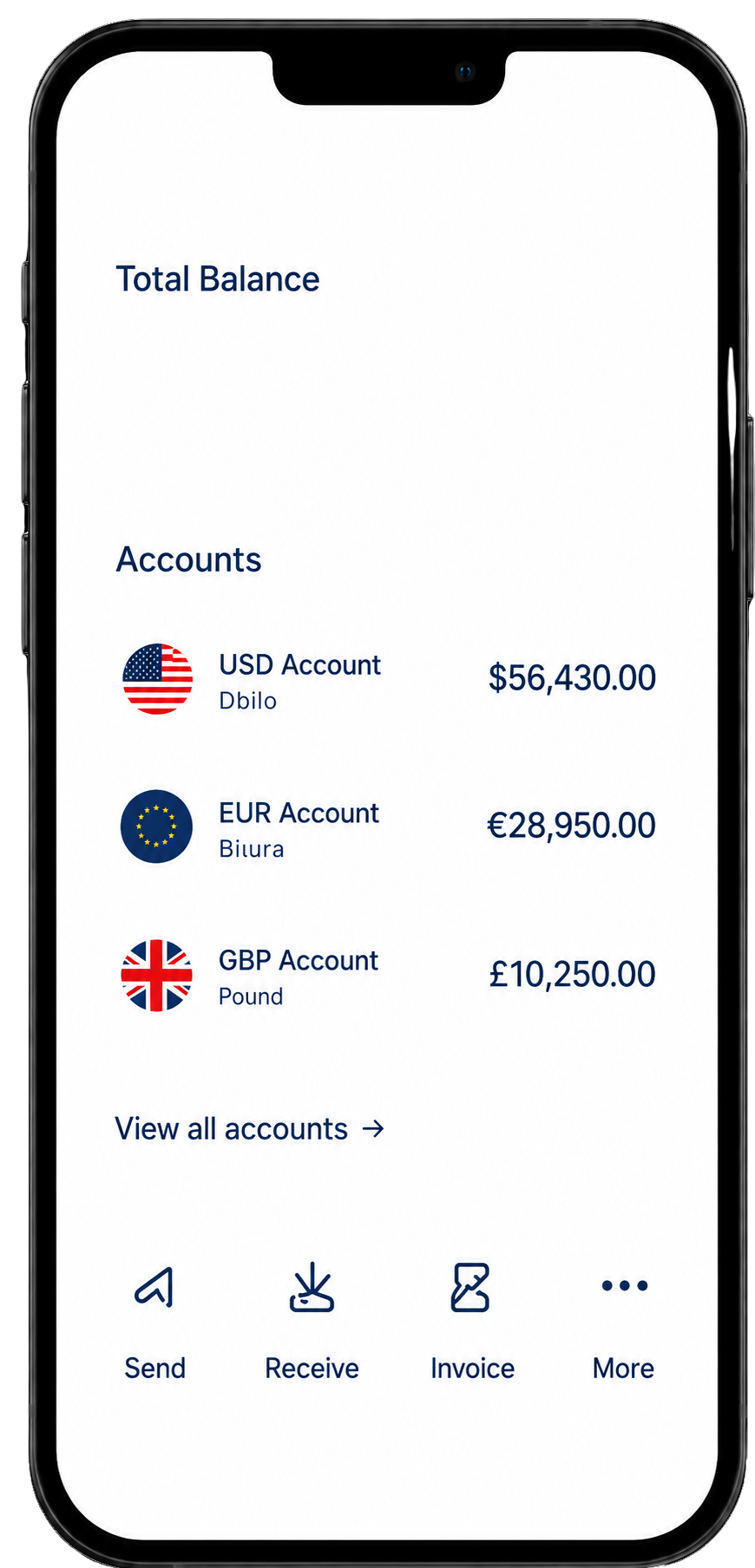Mobile banking screen showing balances for USD, EUR, and GBP accounts with send, receive, invoice, and more options.