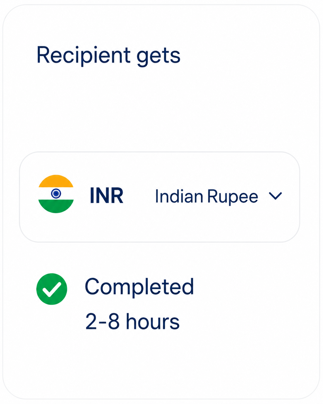 Recipient gets Indian Rupee currency, transfer completed in 2 to 8 hours.