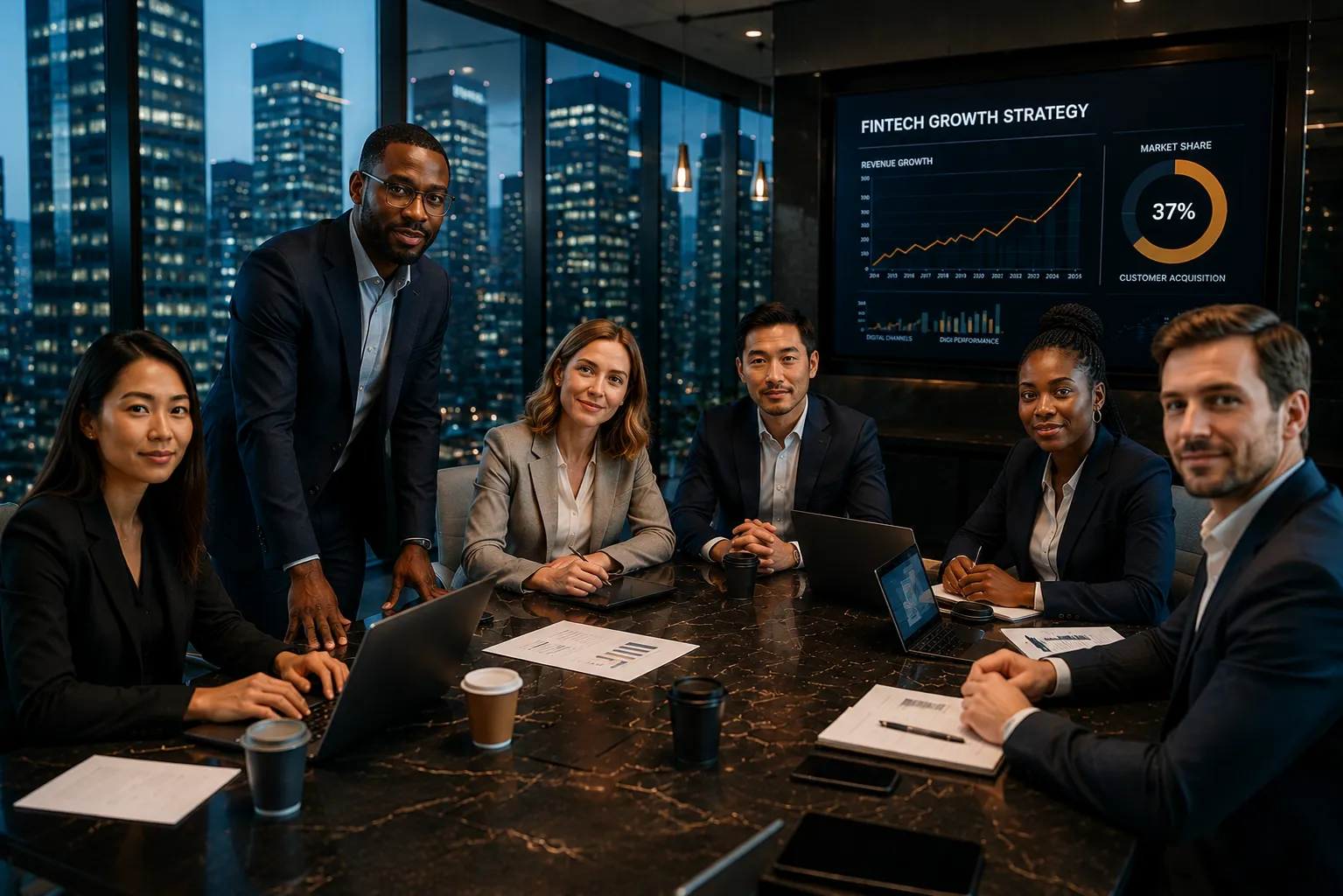 Six diverse businesspeople in suits at a conference table with laptops and charts, city skyline outside.