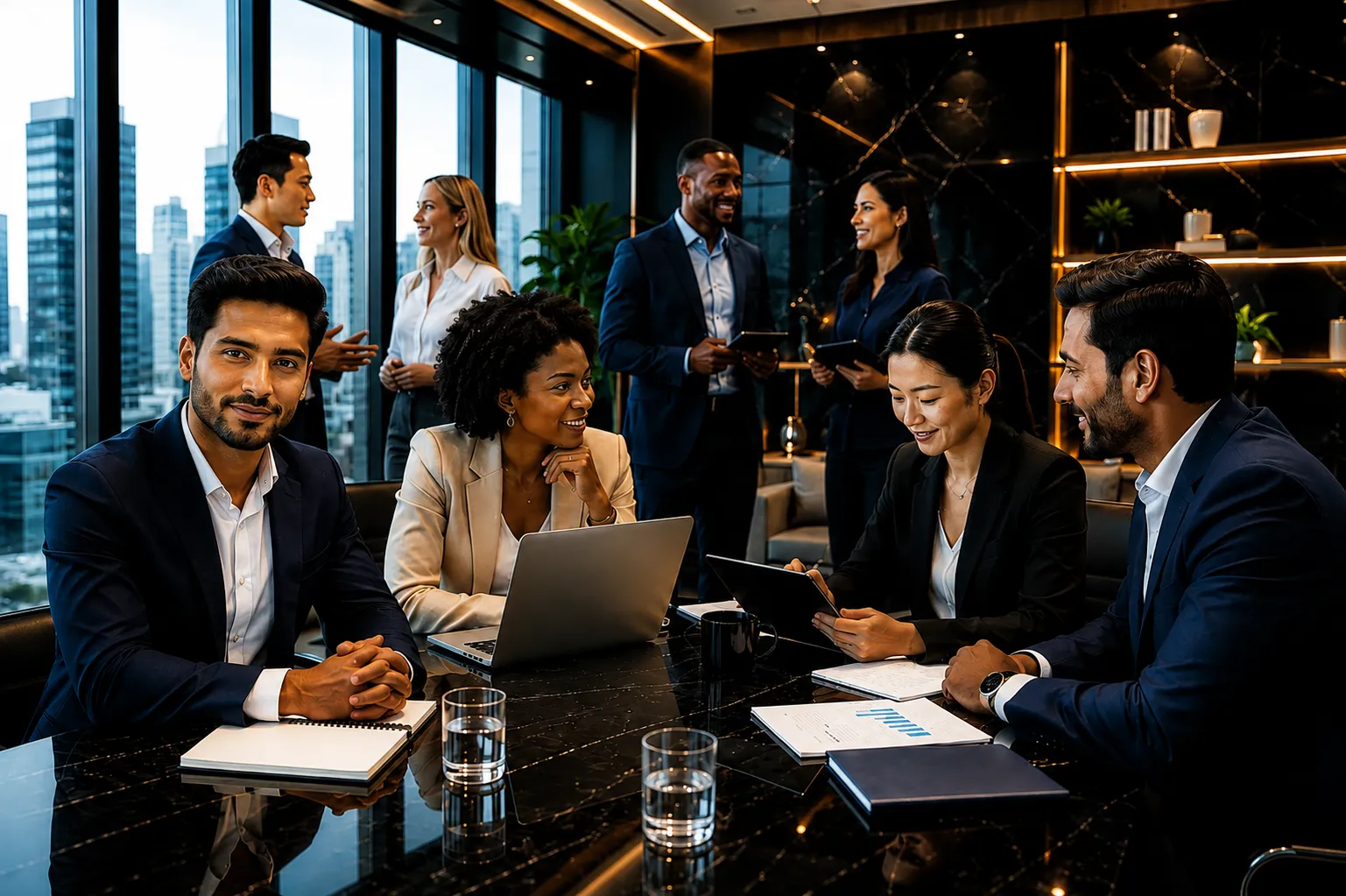 Smiling man and woman in business attire working together on a laptop in a modern office.