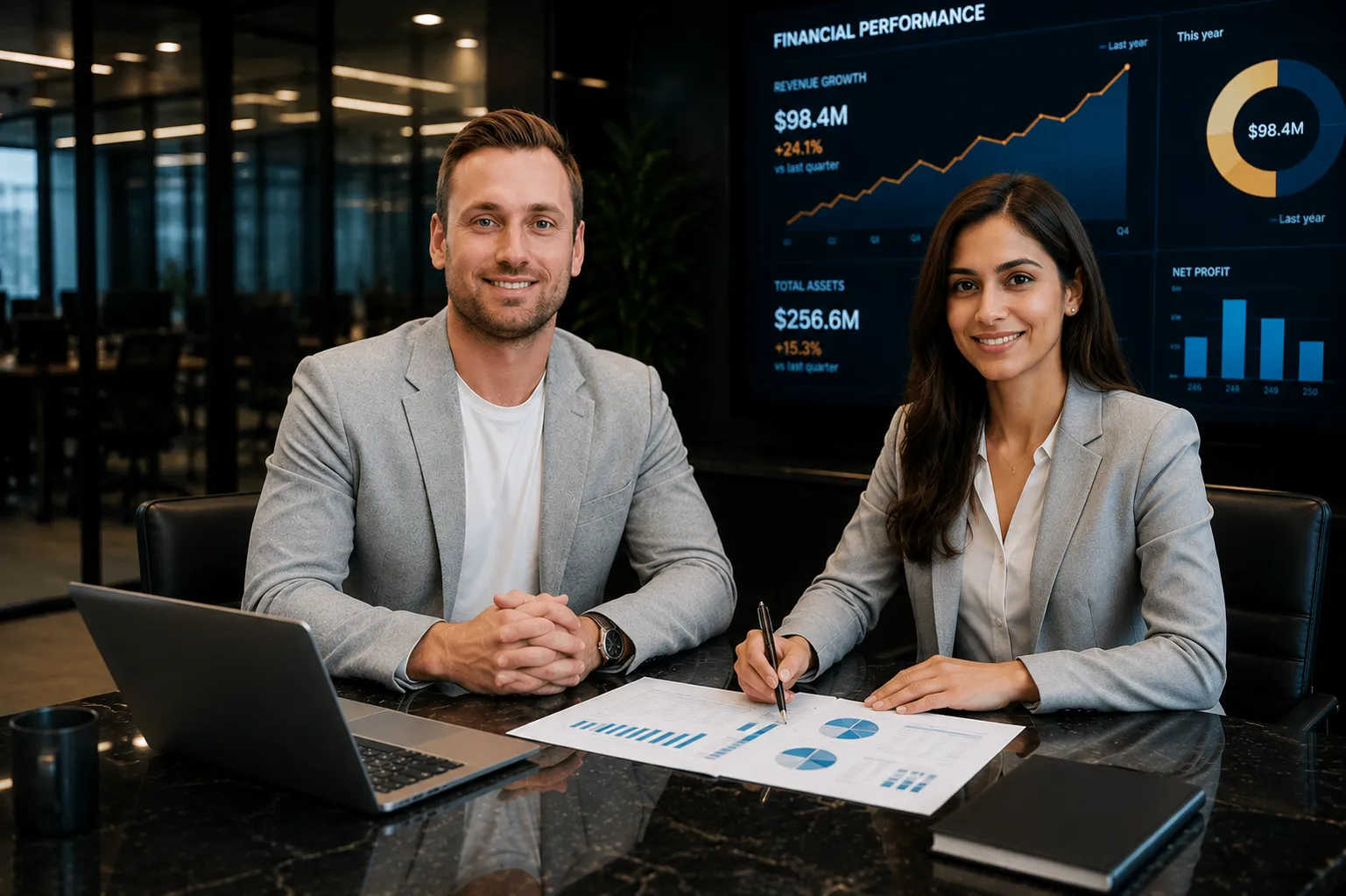 Two smiling business professionals in jackets sitting at a table with a notebook, looking at a phone.