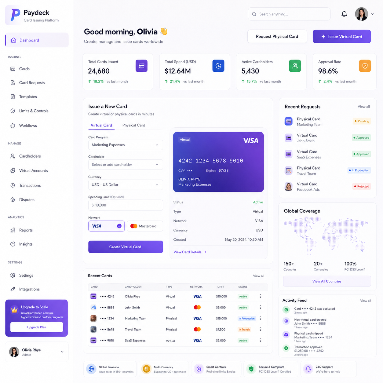 Dashboard showing total users, volume, revenue, and a list of recent active users with names and emails.