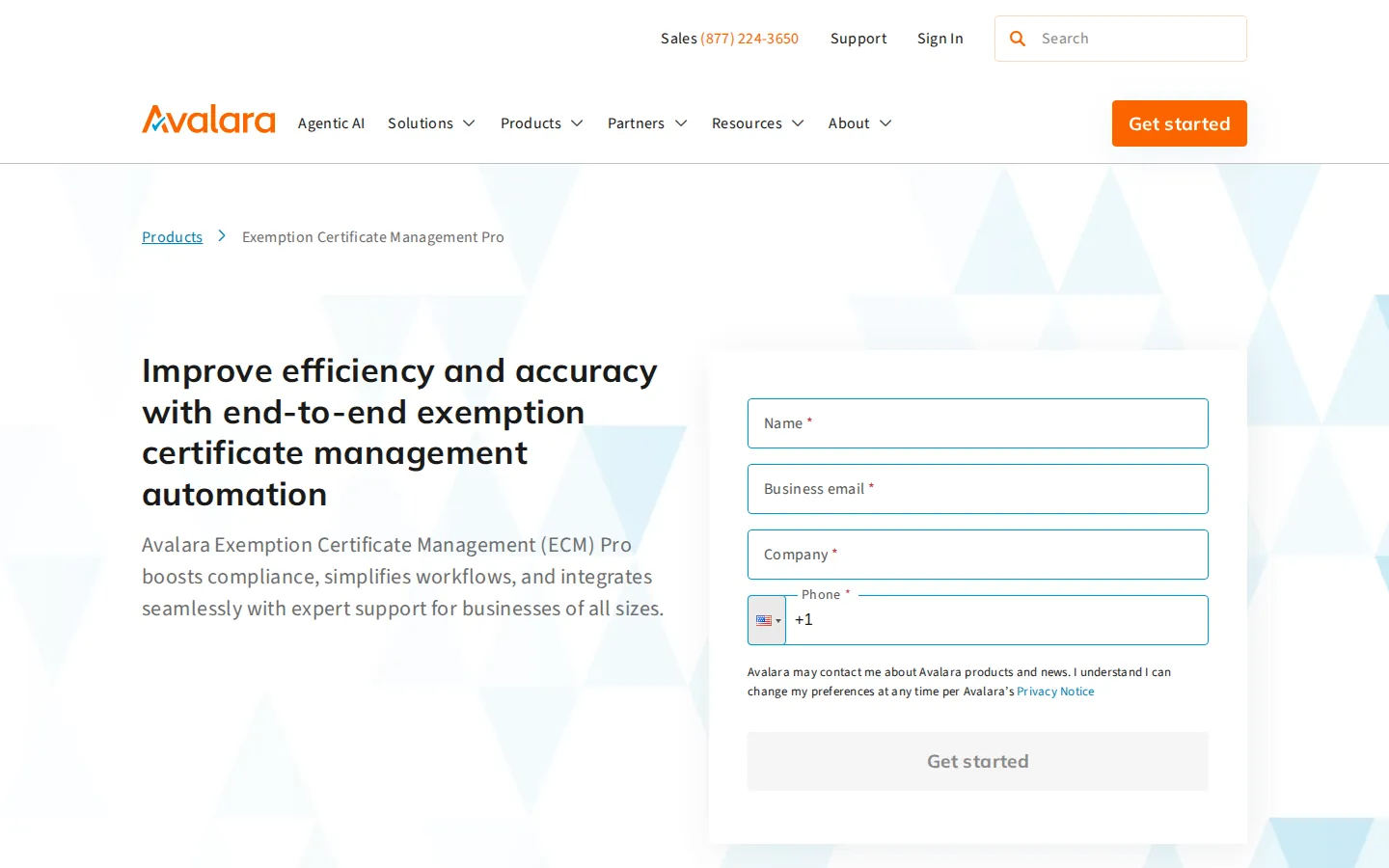 Avalara Exemption Certificate Management Pro product page, September 2026