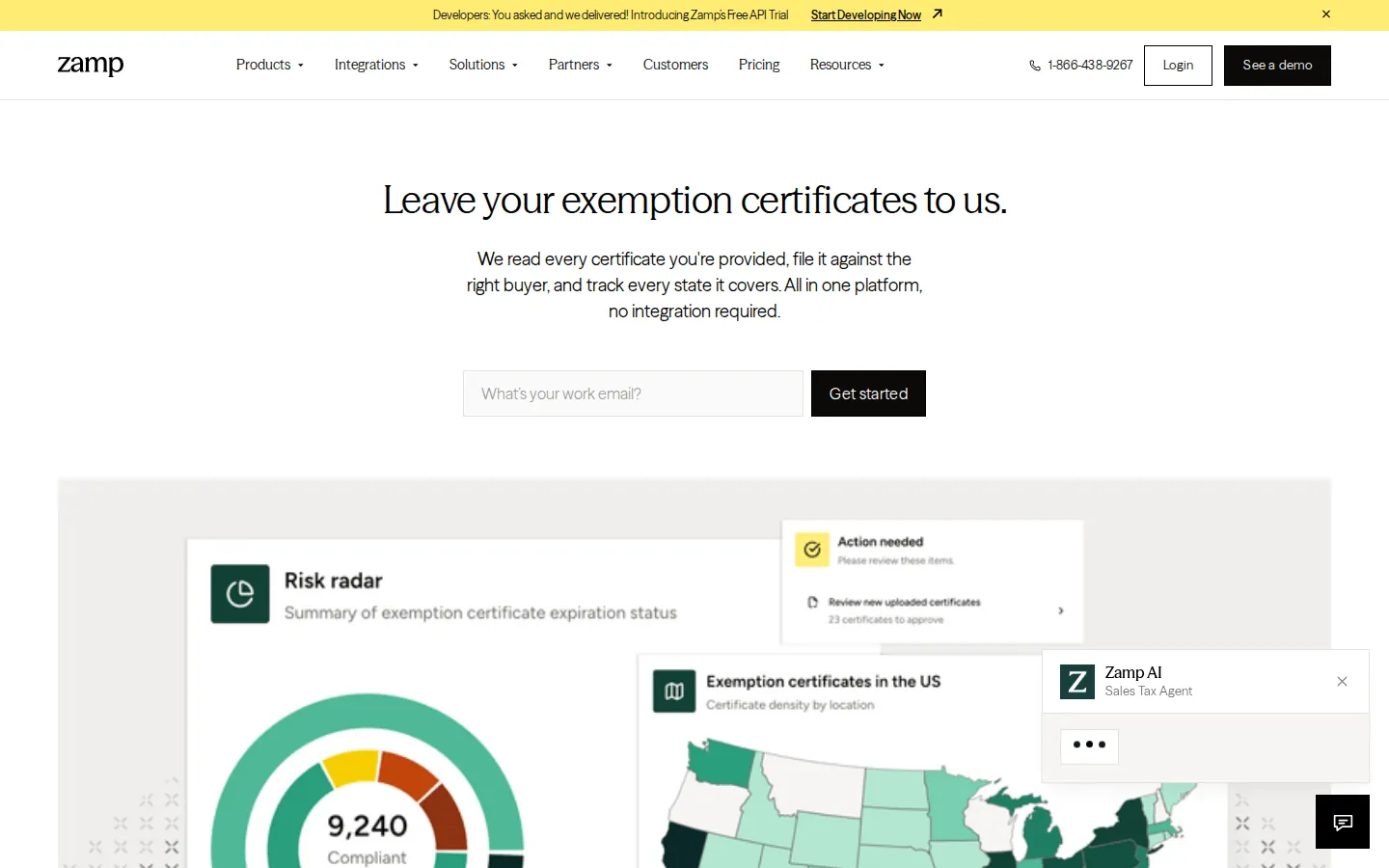 Zamp exemption certificate management product page, September 2026