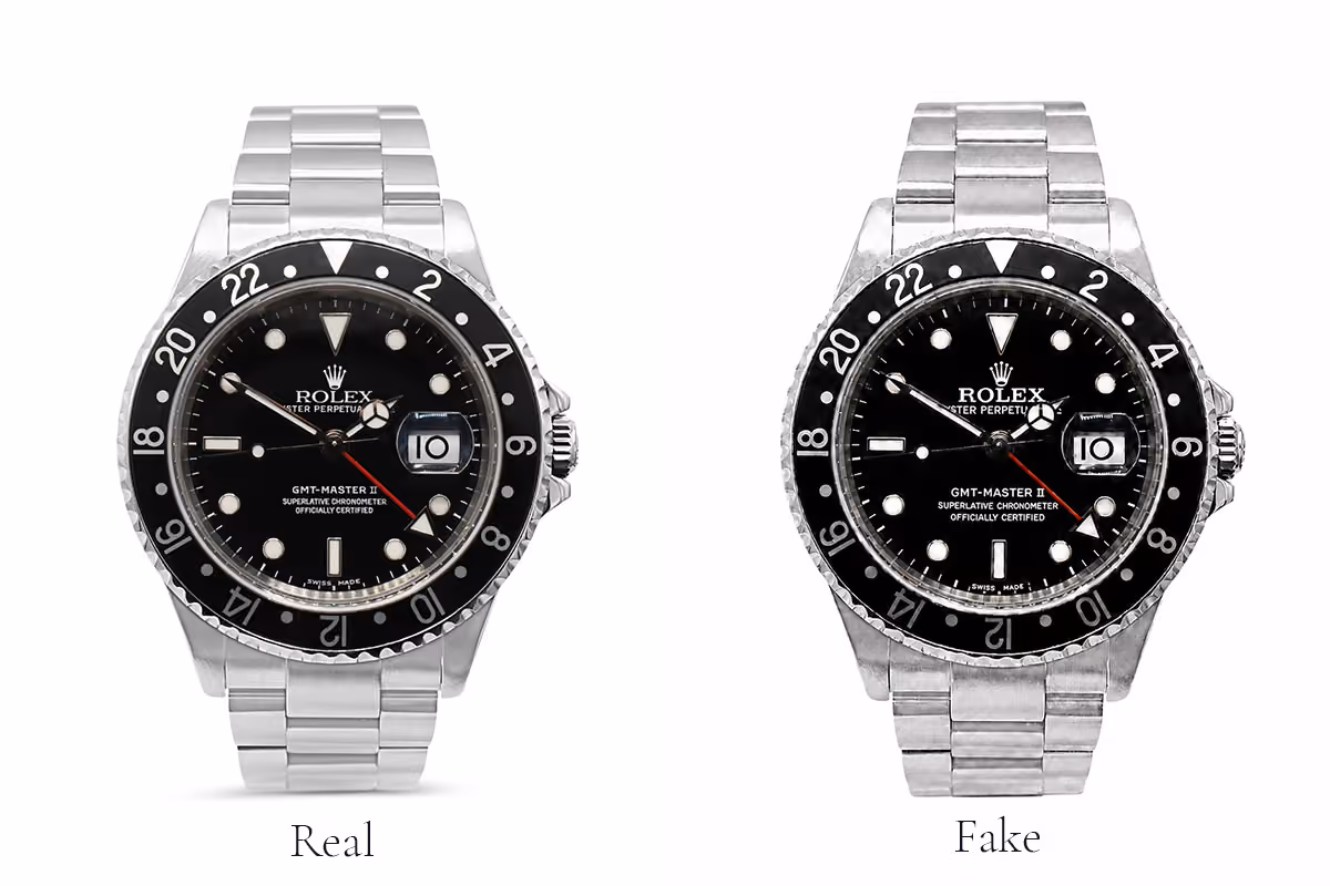 REAL VS FAKE ROLEX GMT-MASTER II – POOR DIAL PRINTING, BEZEL GROOVES, & METAL FINISH