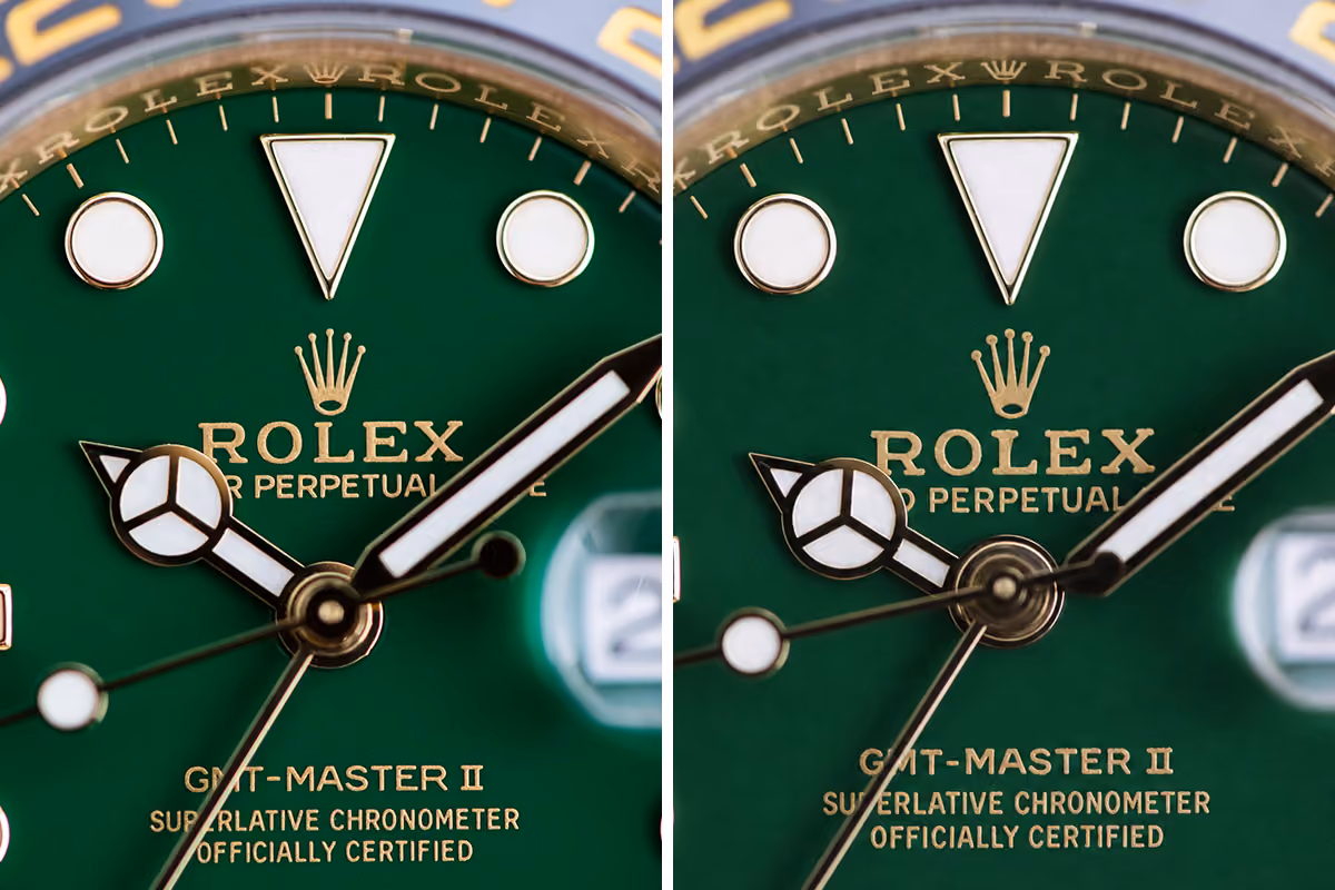 REAL (LEFT) VS FAKE (RIGHT) ROLEX GMT-MASTER II DIAL FONT