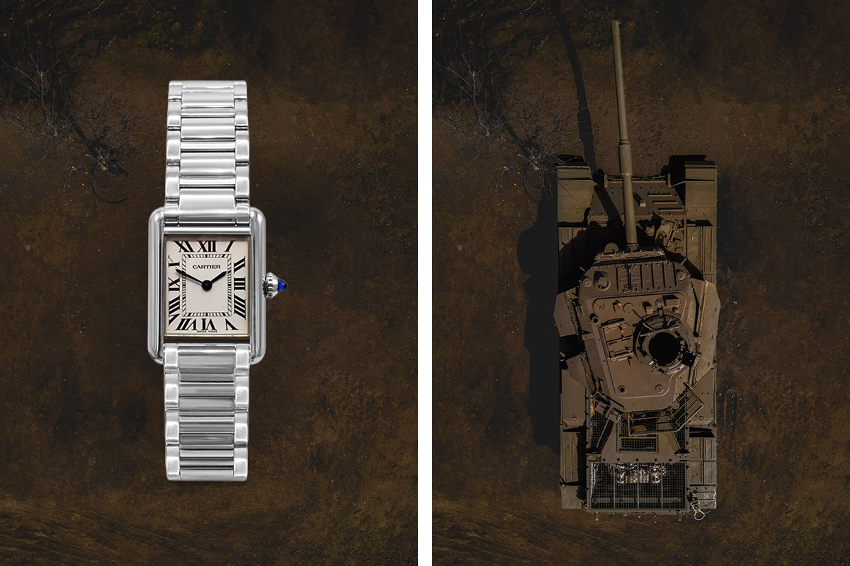 Cartier Tank watch compared to an ariel view of a WW1 military tank