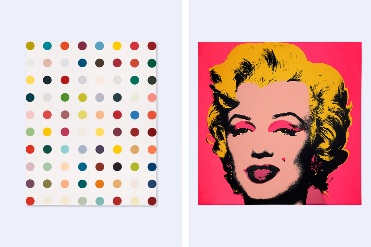 Damien Hirst Spot Painting (left) & Andy Warhol Marilyn Monroe painting (Right)