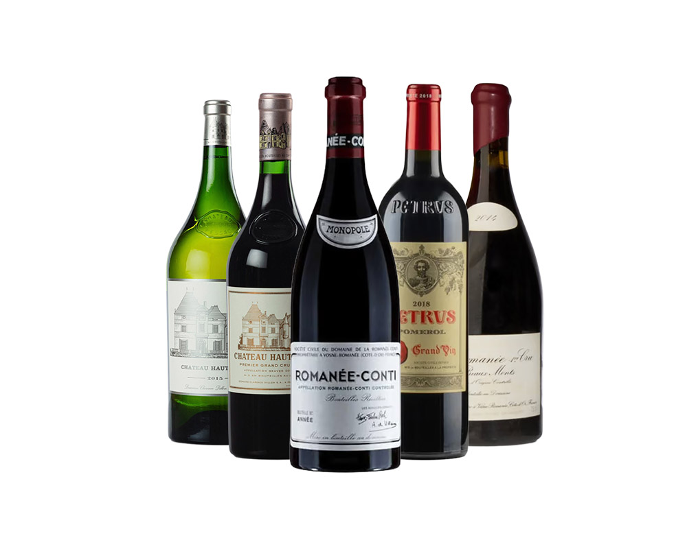 A selection of wines including Romanee Conti and Petrus