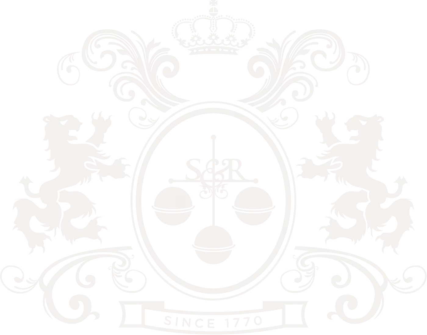 A cream-colored coat of arms on a black background featuring a crowned shield with ornate flourishes, two heraldic lions on each side, three orb-like shapes inside the shield with intersecting lines forming a cross, the letters S and R in the center, and a banner below reading 'Since 1770'.