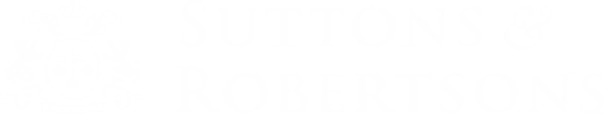 Suttons & Robertsons logo with a detailed crest featuring two lions, a crown, and scales, with the text 'Since 1770'.