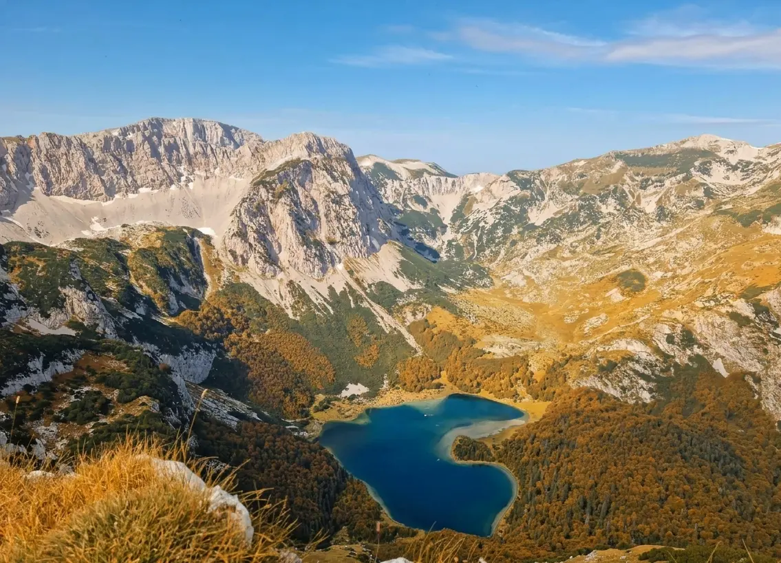 Drone view of heart-shaped Trnovacko Lake