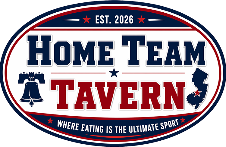 Home Team Tavern logo with EST. 2026, featuring a bell, a map of New Jersey with a star, and the slogan 'Where Eating Is The Ultimate Sport'.