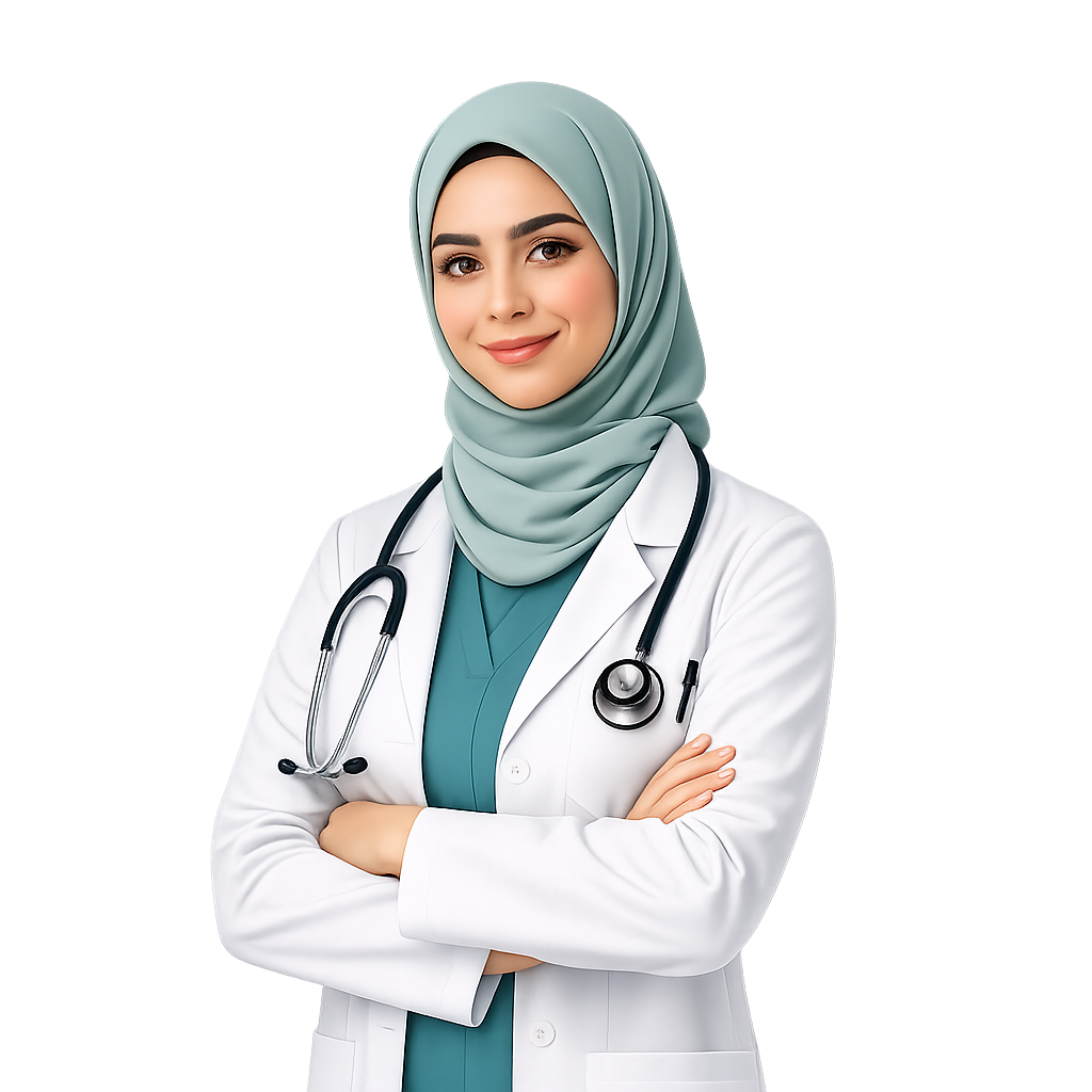 Smiling female doctor in hijab wearing a white coat and stethoscope