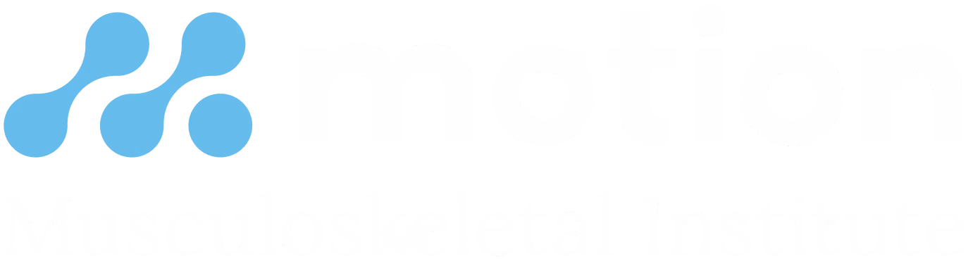 Motion Musculoskeletal Institute logo with blue abstract dots and white text on black background.