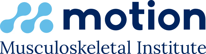 Motion Musculoskeletal Institute logo with abstract blue molecular design and text.