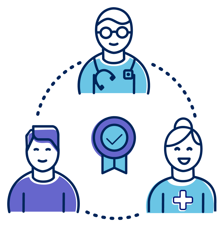Icons of a doctor, a nurse, and a patient surrounding a quality check badge.