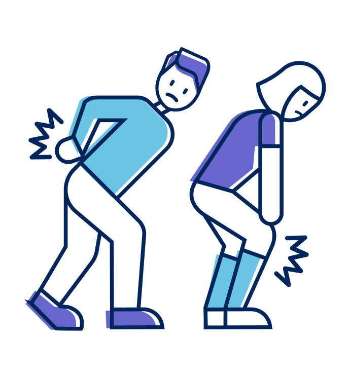 Two people bending over in pain holding their back and knee areas with pain lines.