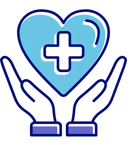Two hands holding a blue heart with a medical cross symbol in the center.