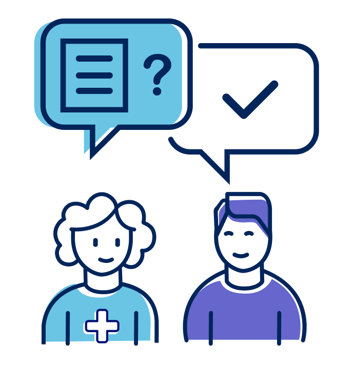 Medical professional and patient exchanging messages, question in one and checkmark in the other.