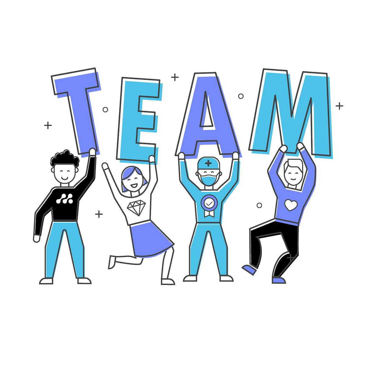 Four diverse cartoon people holding large letters spelling TEAM above their heads in blue shades.