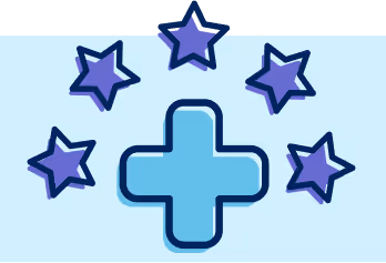 Blue medical cross symbol surrounded by five purple stars on a light blue background.