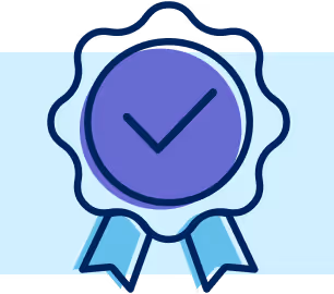 Ribbon badge icon with check mark symbolizing approval or certification on a light blue background.