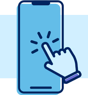 Illustration of a hand tapping on a smartphone screen with blue background.