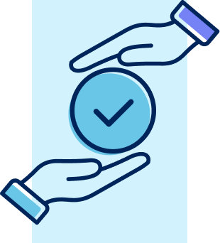 Two hands framing a blue circle with a check mark in the center on a light blue background.